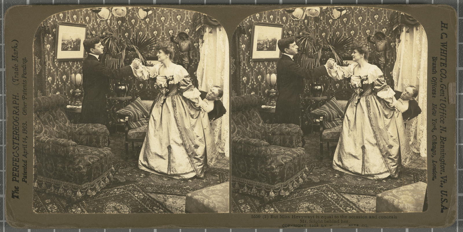 Desconegut, But Miss Hevywayt is equal to the occasion and conceals Mr. Slight behind her. Justificació del títol, títol inscrit White, H.C. & Co., The "Perfec" Stereograph