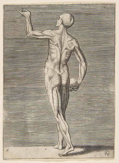 Giulio Bonasone, Man seen from behind, holding a skull in his right hand