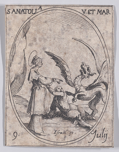 Jacques Callot, Ste. Anatolie, vierge et martyre (St. Anatolia, Virgin and Martyr), July 9th, from "Les Images De Tous Les Saincts et Saintes de L'Année" (Images of All of the Saints and Religious Events of the Year)