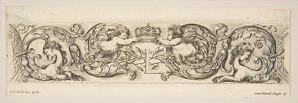 Stefano della Bella, Rinceaux with Two Children Holding a Royal Crown Over the Letter "L," plate 3 from "Decorative friezes and foliage" (Ornamenti di fregi e fogliami)