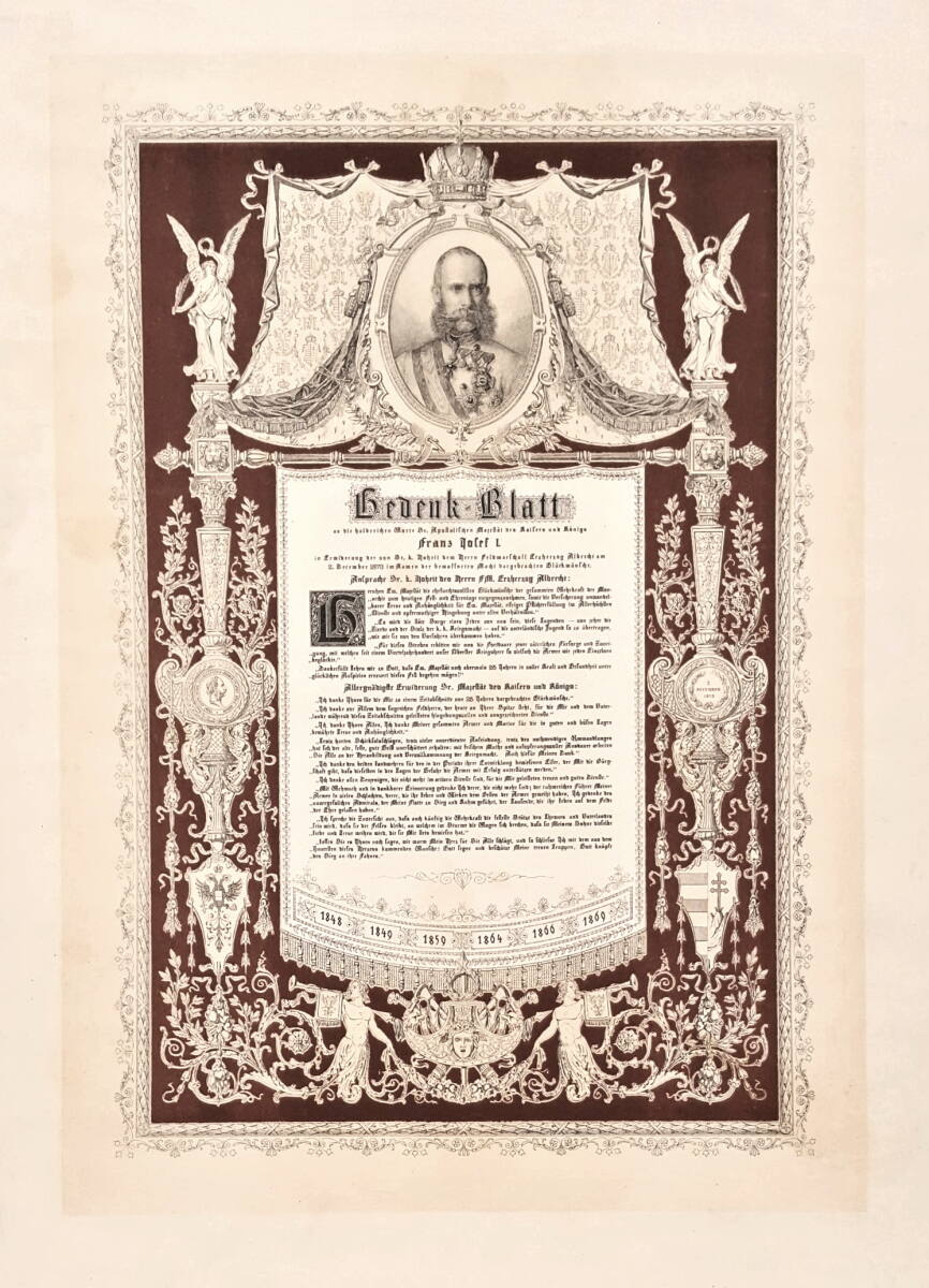 Anonym, Gedenkblatt an die Glückwünsche der k.k. Armee zum 25jährigen Regierungsjubiläums von Kaiser Franz Joseph I. von Österreich im Jahre 1873