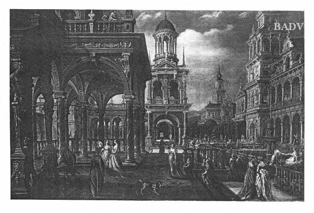 Hans Vredeman de Vries, Garden + castle with promenading figures