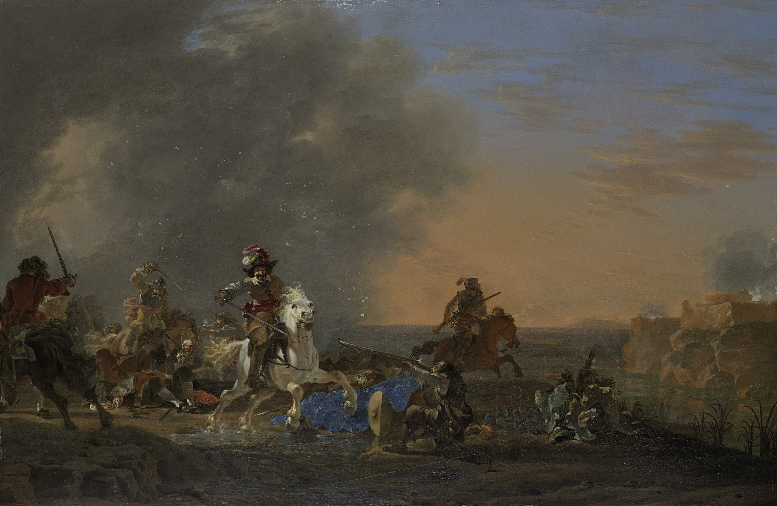 Jan Asselijn, Cavalry attack at sunset