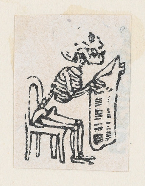 José Guadalupe Posada, Skeleton sitting on a chair and reading a newspaper, from a broaside entitled 'De este famoso hipodromo en la pista, no faltara ni un solo periodista', published by Antonio Vanegas Arroyo.