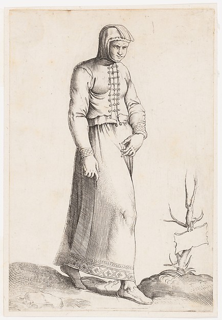 Enea Vico, Costume Plate: Woman with Hooded Garment