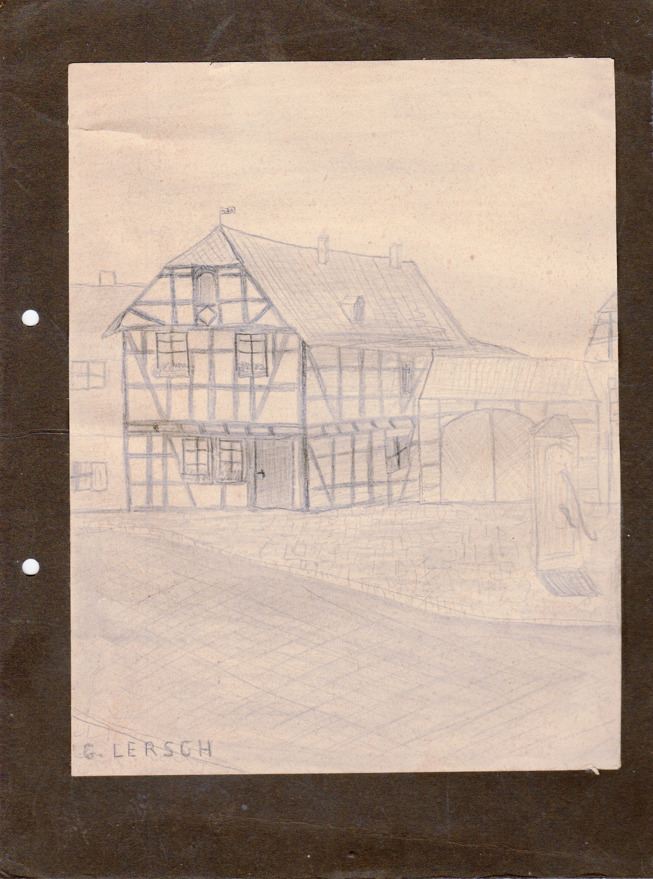 G. Lersch, Bleistiftzeichnung, Haus mit Dorfbrunnen in Bodendorf/Ahr