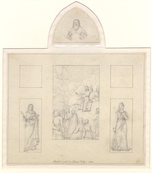 C.W. Eckersberg, Bjergprædiken, flankeret af Troen og Håbet og foroven Alvidenheden (Gudfader med Jordkloden).