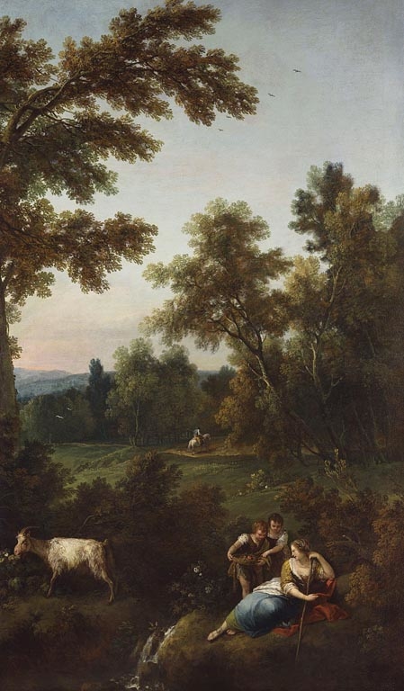 Francesco Zuccarelli, Landscape with Two Young Children offering Fruit to a Woman