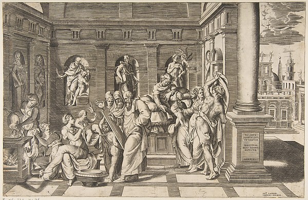 Giulio Bonasone, The birth of Saint John the Baptist set within a classical building