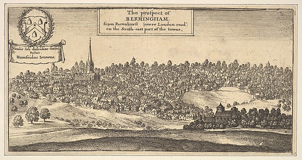 Wenceslaus Hollar, The Prospect of Bermingham [Birmingham], from Ravenshurst (neere London-road) on the South-east part of towne (from Dugdale's "The Antiquities of Warwickshire," 1656, p. 957)