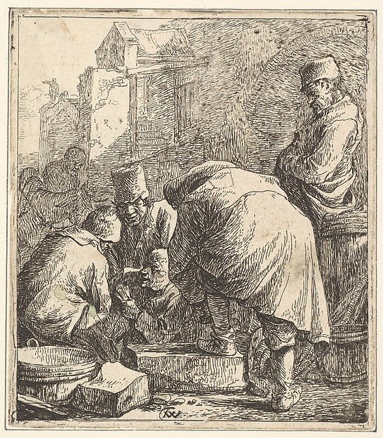 Thomas Wijck, Man Adjusting His Footwear, at Left Three Men Playing Cards