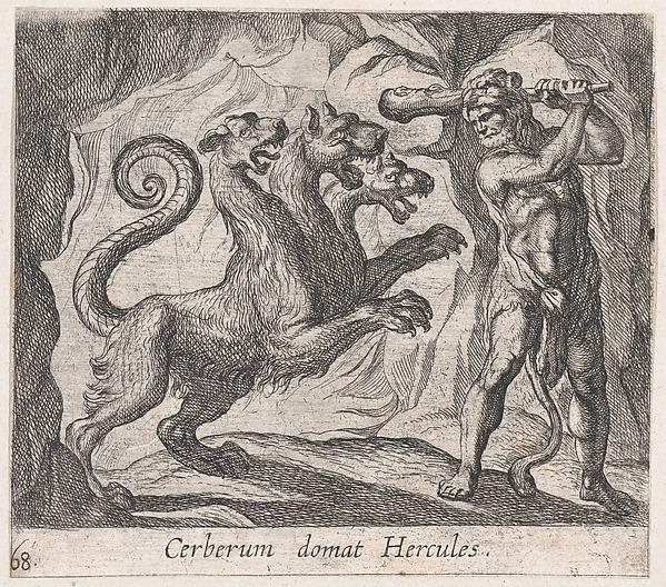 Antonio Tempesta, Plate 68: Hercules and Cerberus (Cerberum domat Hercules), from Ovid's 'Metamorphoses'