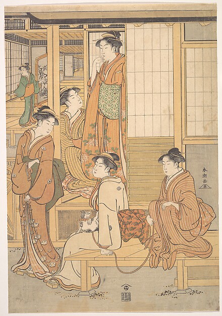 Katsukawa Shunchō, Group of Young Women on the Veranda of a Tea House