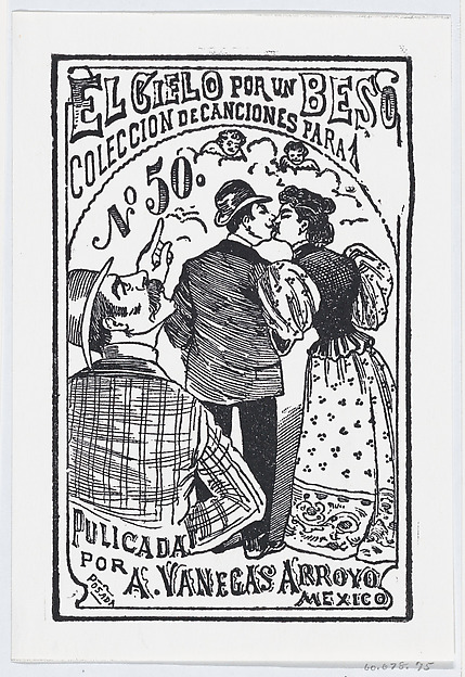 José Guadalupe Posada, A man pointing to the heavens while a couple kisses in the background, illustration for ' El Cielo por un Beso'