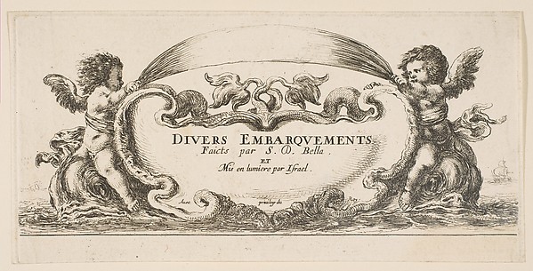 Stefano della Bella, Frontispiece: cartouche at center, putti on either side riding on dolphins, from 'Various Embarkations' (Divers embarquements)