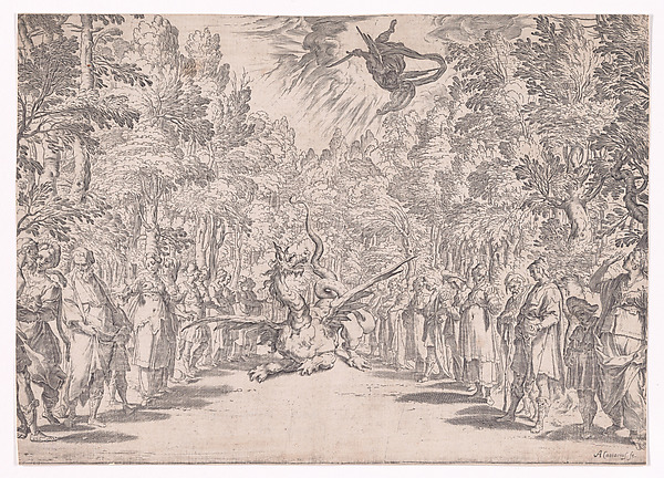 Agostino Carracci, Stage set for the marriage of Ferdinand de' Medici and Christine of Lorraine in Florence in 1589; Apollo and the Python