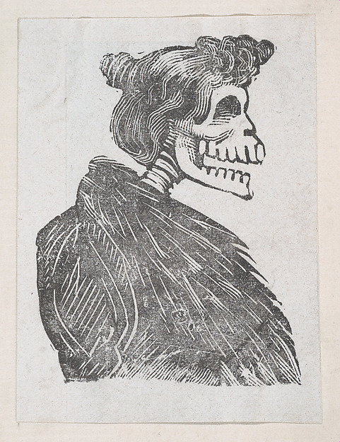 José Guadalupe Posada, Profile of a female skeleton with a fur vest, from a broaside entitled 'La Calavera de Cupido', published by Antonio Vanegas Arroyo.