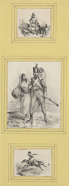 Victor Adam, Soldiers and a Highlander (3 prints of varying size pasted onto a yellow sheet)