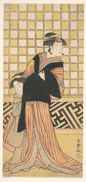 Katsukawa Shun'ei 勝川春英, Wakayama Tomisaburo as a Woman in a Yellow and Red-Brown Striped Kimono
