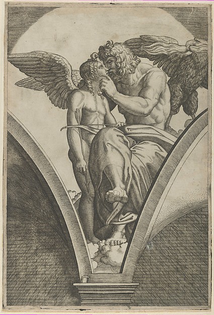 Marcantonio Raimondi, Jupiter embracing Cupid after Raphael's fresco in the Chigi Gallery of the Villa Farnesina in Rome