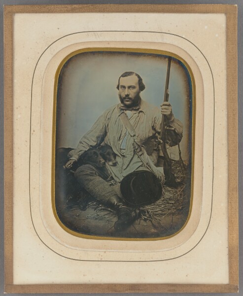 Unknown, [Bearded Hunter with gun and two dogs]