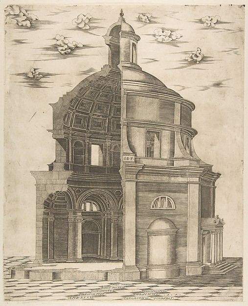 Giulio Bonasone, Exterior and interior section of a temple in Rome dedicated to Neptune