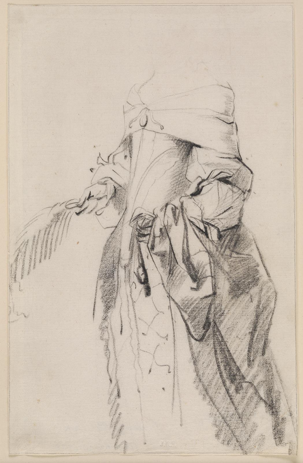 Gerard ter Borch, Studie af en stående dame, vendt mod venstre, holdende en fjer eller vifte i hånden