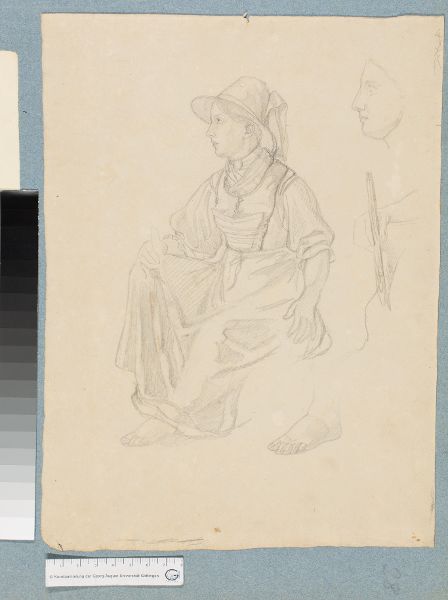 Unknown artist, Studie zu sitzendem Mädchen in Tiroler Tracht und Detailstudien zu ihrem Fuß und ihrer Hand mit Webschiffchen