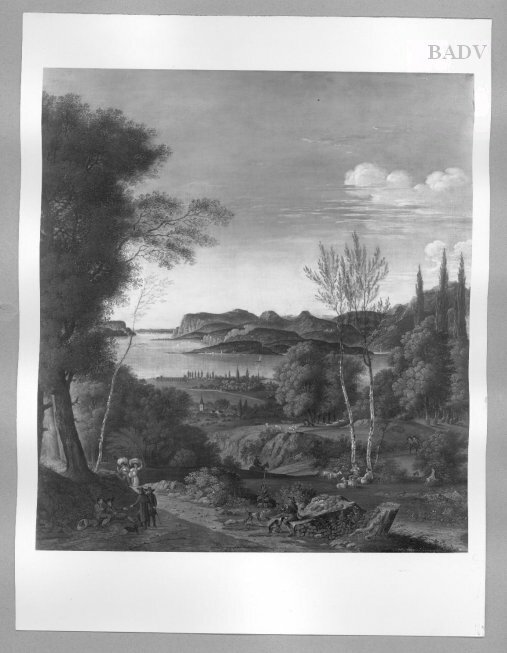 Hermann Pohle, Gebirgslandschaft mit Haus und Jägern