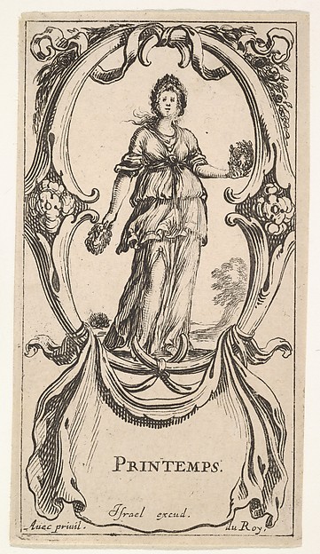 Stefano della Bella, Spring, a young girl within a wreath of flowers in each hand and another on her head, within a cartouche made of flowers, from "The Four Seasons" (Les Quatre Saisons)