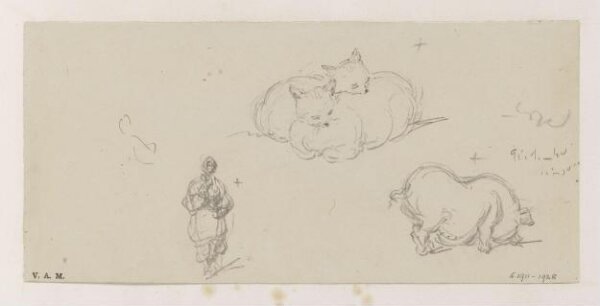 George Chinnery, Sketches of a boatwoman, two cats, and a pig