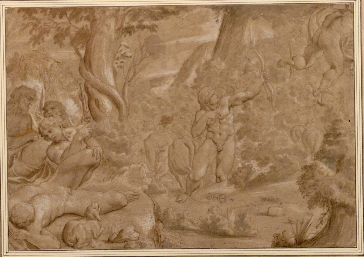 Anonym, Mythologische Szene. (Hermes stiehlt Apoll, der mit seinem Bogen auf den fliehenden Hermes zielt, die Rinder; links liegt Battos; die Rinderherde kaum kenntlich in der bergigen Landschaft im Hintergrund (Ovid, Metamorphosen II, 676-705))