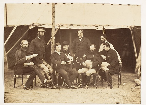 Unknown, [Group Portrait: (L-R)Col.Yule P.W.D., Major Jones A.D.C., Mr. Walters, Captain Stanley A.D.C., Captain Baring A.D.C., Captain Roberts V.C.D.A.Q.M.G., Captain Hills V.C. A.D.C. and Sir E. Campbell Bart. Mry. Secry.]