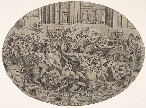 Enea Vico, Combat between Amazons and men in front of architectural arcades, an oval composition with weapons, headgear, and bodies strewn along the bottom margin