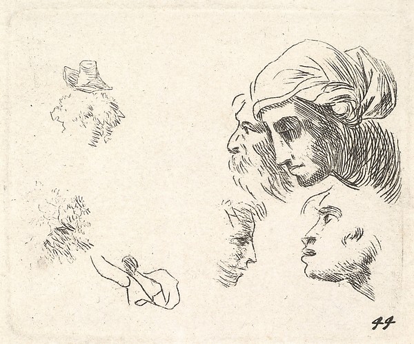Karel Dujardin, Study of heads in profile view, a woman with headcloth and bearded man whose heads overlap above, two facing profiles below