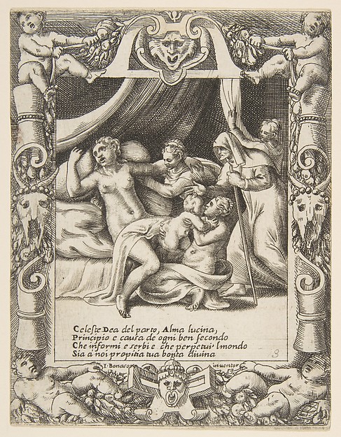 Giulio Bonasone, A woman in labor imploring the aid of Lucina set within a decorative cartouche, from "Loves, Rages and Jealousies of Juno"