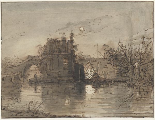 Cornet, Jacobus Ludovicus, (1815-1882), (artist), View of a bridge and a house by night