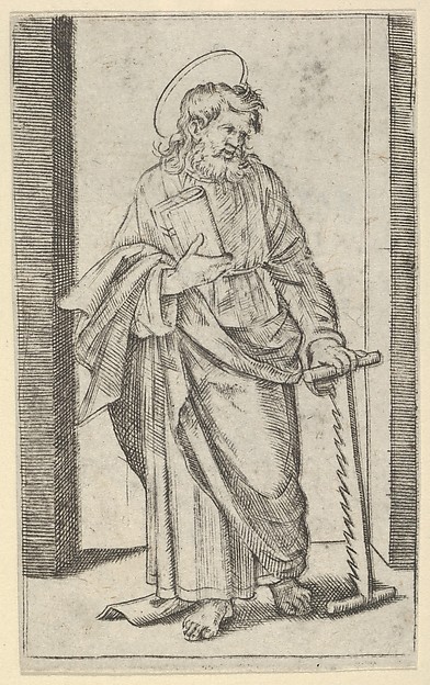 Marcantonio Raimondi, Saint Simon, a saw in his lowered left hand, from "Piccoli Santi" (Small Saints)