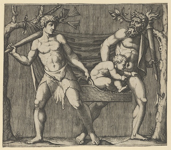 Marcantonio Raimondi, Two Fauns Carrying a Child