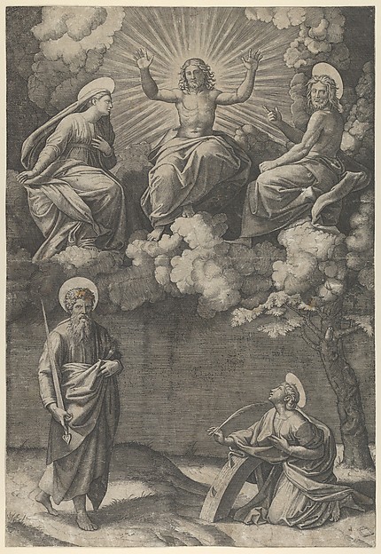 Marcantonio Raimondi, Christ flanked by the Virgin and St. John in the upper section, St. Paul and St. Catherine below