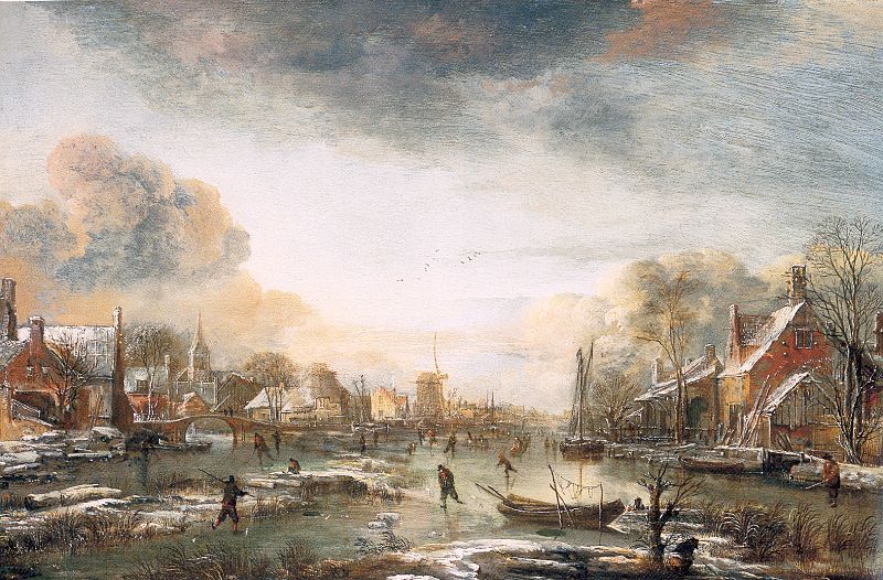 Aert van der Neer, A Frozen River by a Town at Evening