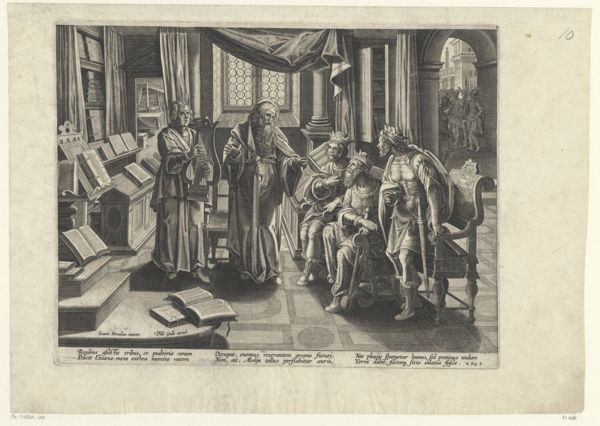 Collaert, Adriaen, (-1618), (printmaker), Encomium Musices: A minstrel playing before the kings of Israel, Judah and Edom