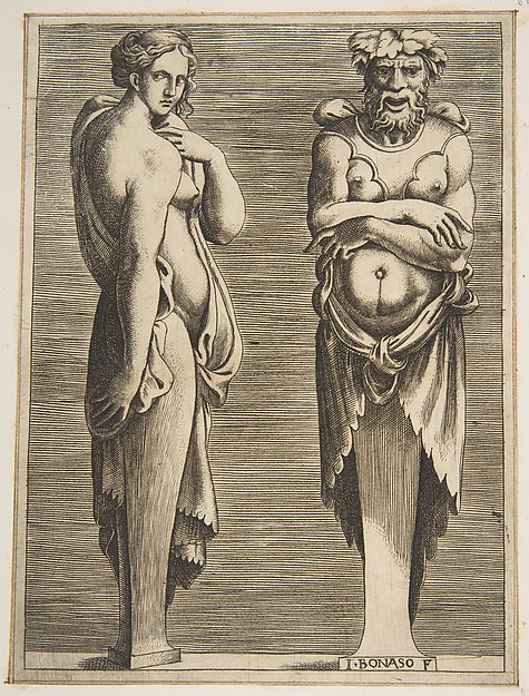 Giulio Bonasone, Two Terms, a Nymph at left Silvanus at right