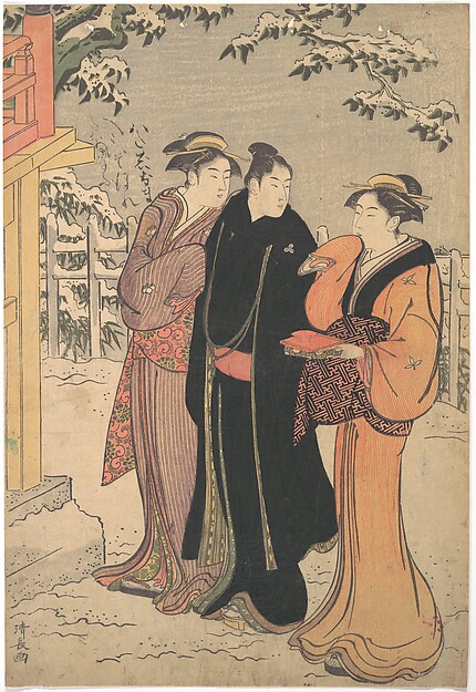Torii Kiyonaga, Man in a Black Haori (Coat) and Two Women Approaching a Temple
