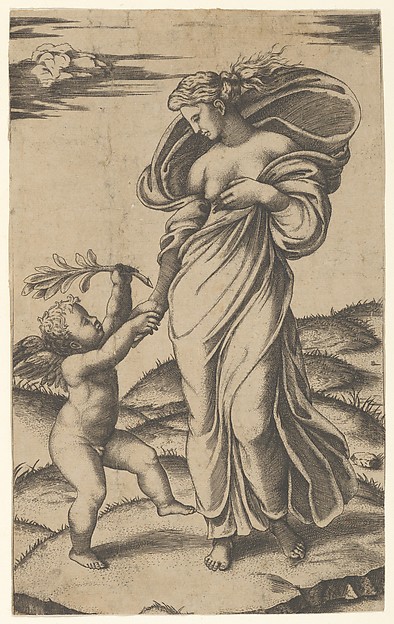 Marcantonio Raimondi, An allegory of Peace; Peace personified as a woman standing in a landscape holding the left hand of a winged genius