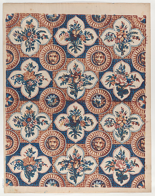 Anonymous, Sheet with pattern of bouquets and lion heads