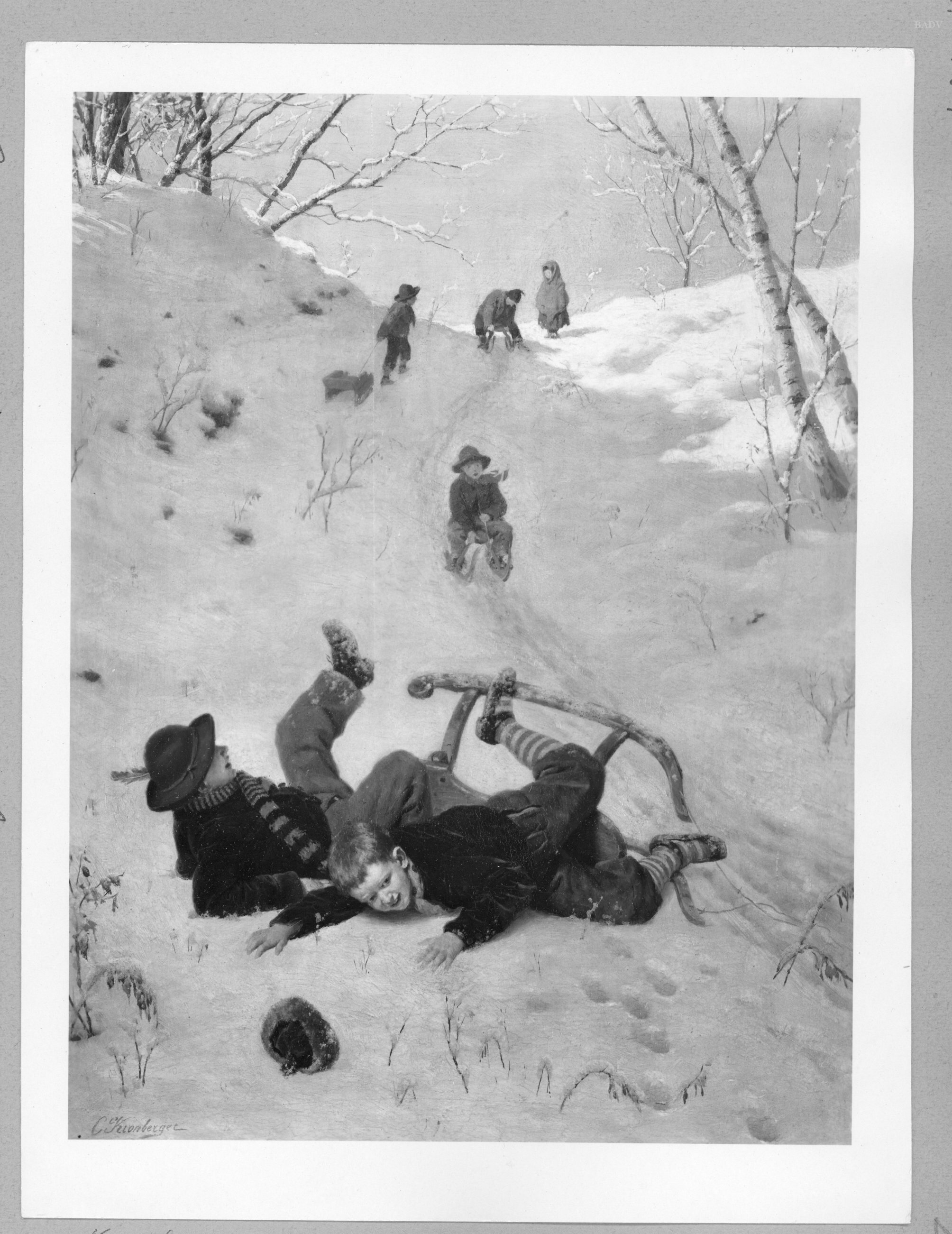 Carl Kronberger, winterlandscape children with sledge
