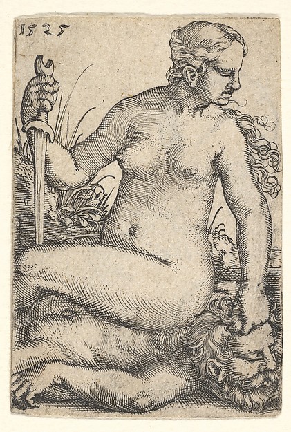 Barthel Beham, Judith, looking towards the right, seated nude atop the dead body of Holofernes, with a sword in her right hand and the head of Holofernes in her left hand