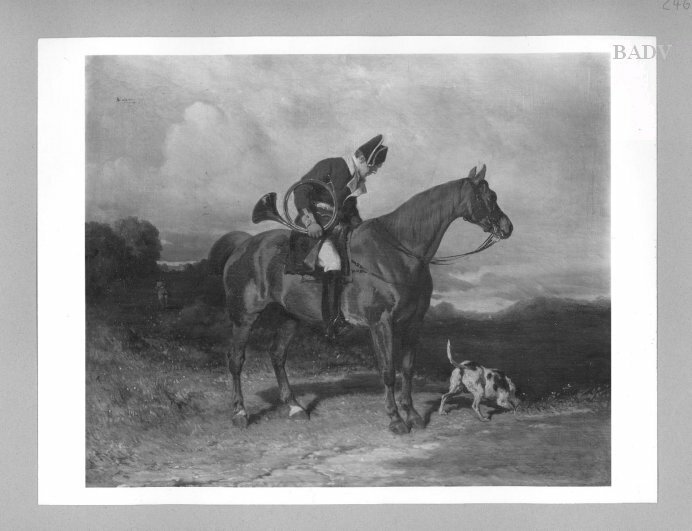Carl Steffeck, horsemann in a hunt with trompet and dog