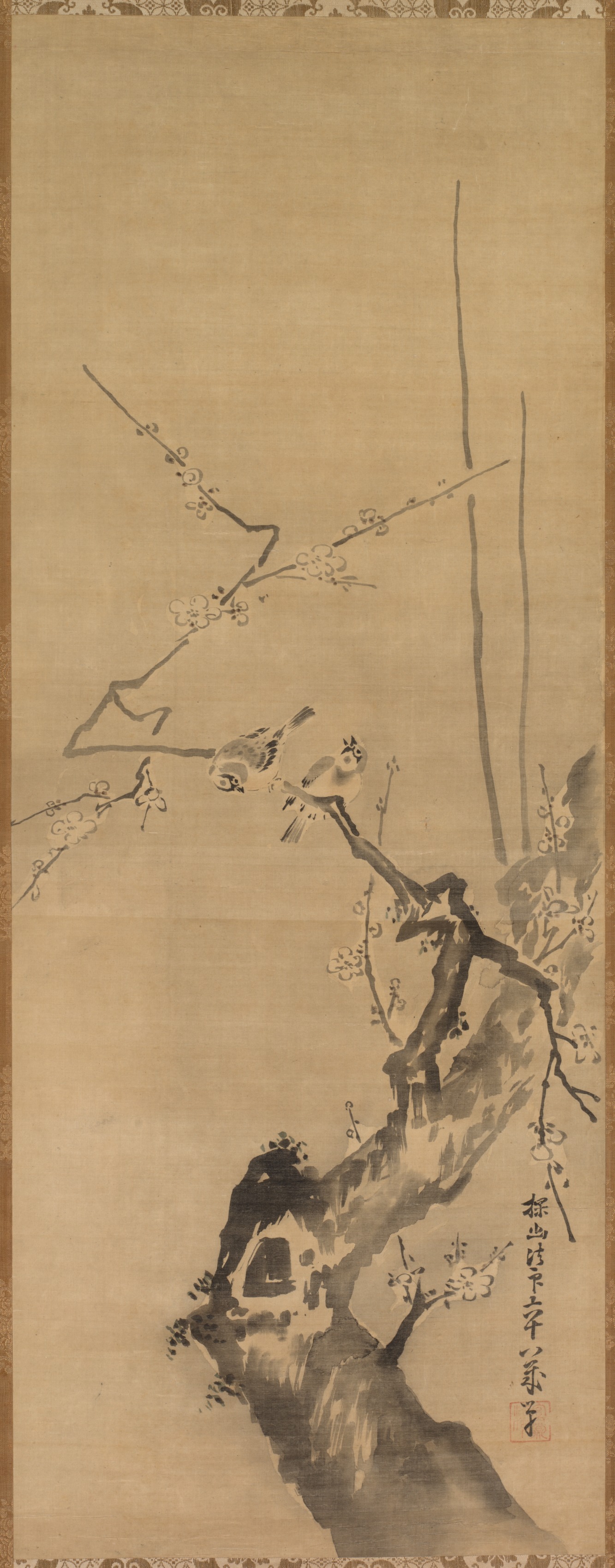 Kano Tan’yū, Sparrows on Blossoming Plum; A Sage with Tiger; Chinese Bird on Snow-Laden Branch